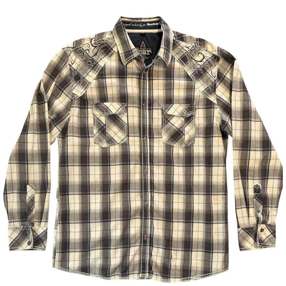 Roar Long Sleeve Shirt Men's XL Cross Embroidered Button Down White Blue Pockets